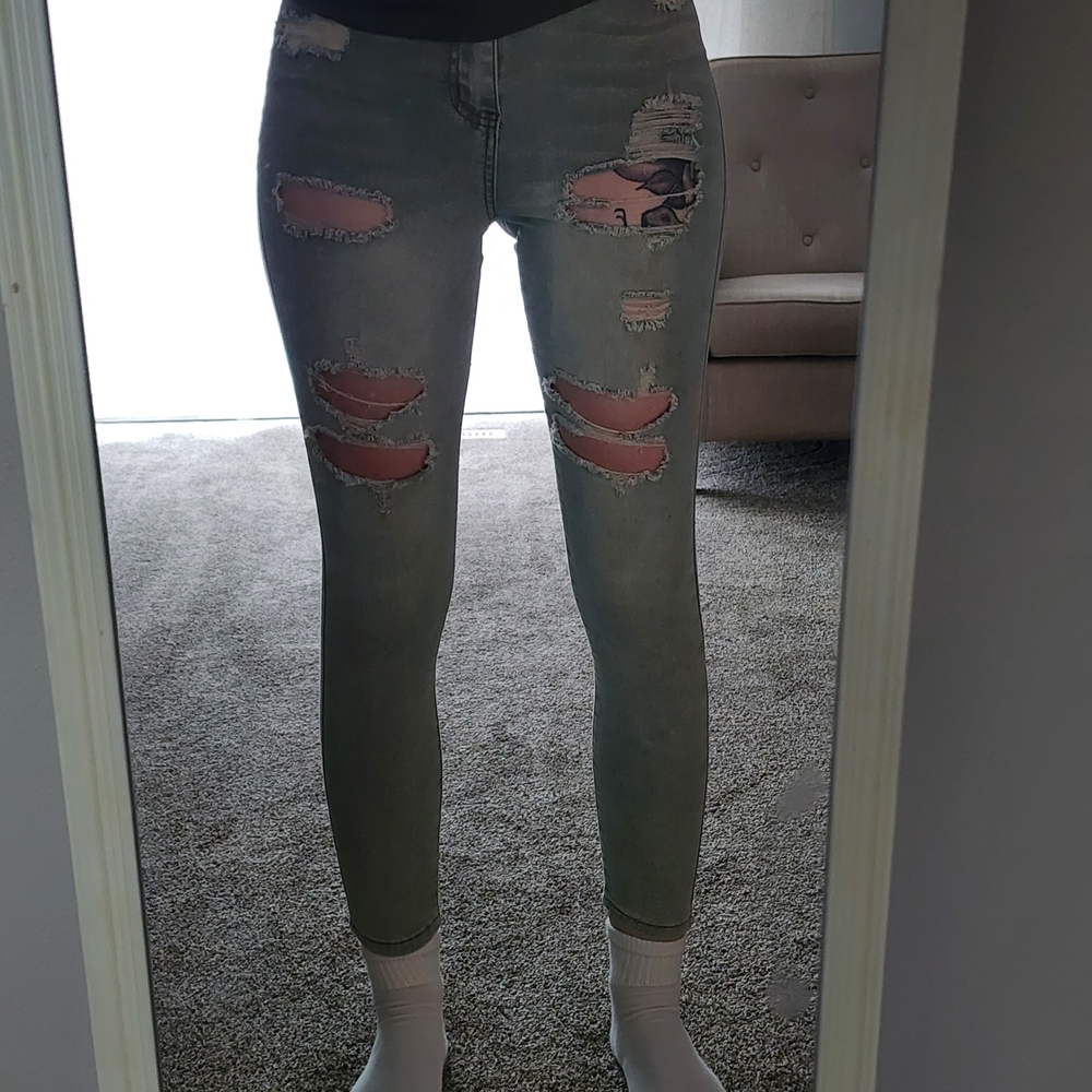 Muted Sage Green Distressed Skinny Jeans